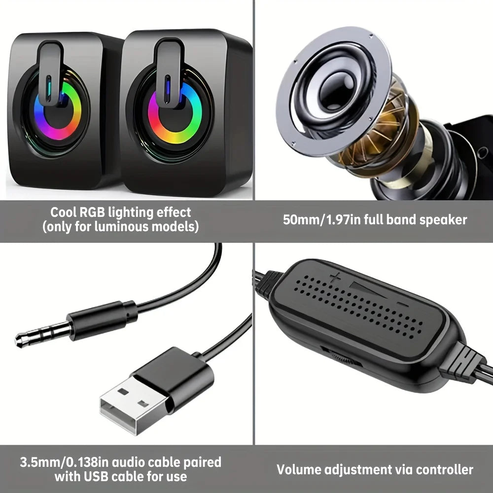 LED Hi-Fi Stereo USB Speakers with Microphone for Desktop